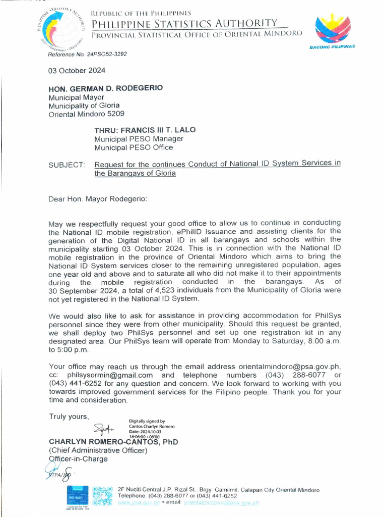Request Letter - PhilSys Oriental Mindoro | PDF