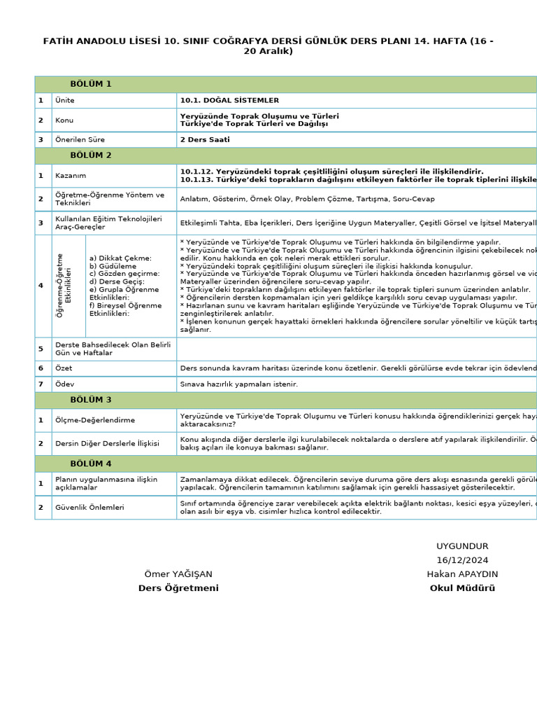 10 Sinif Cografya 14 Hafta Gunluk Plani 1735829882 | PDF