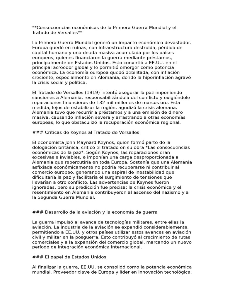 Consecuencias Económicas de La Primera Guerra Mundial y El Tratado de ...