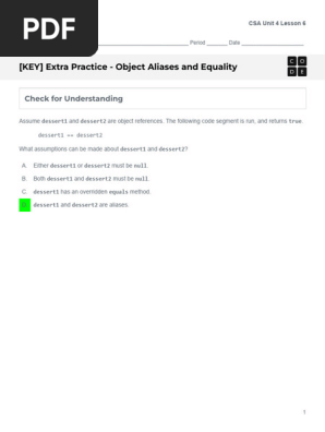Classmarker Csa Key] Csa U4l6 Object Aliases And Equality Extra