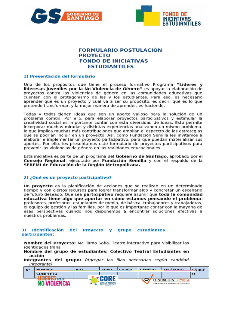 Modelo Ejemplo de Formulario Postulacion Fondo de Iniciativas ...