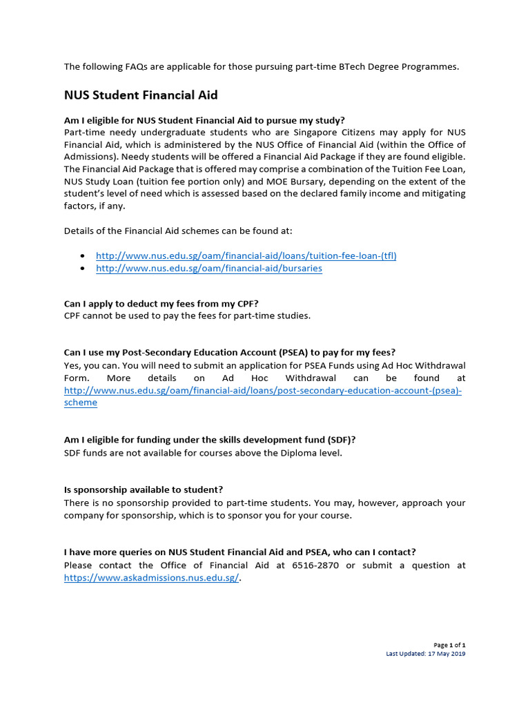 Faqs Btech Financialaidsubsidies Nus-Student-Financial-Aid | PDF