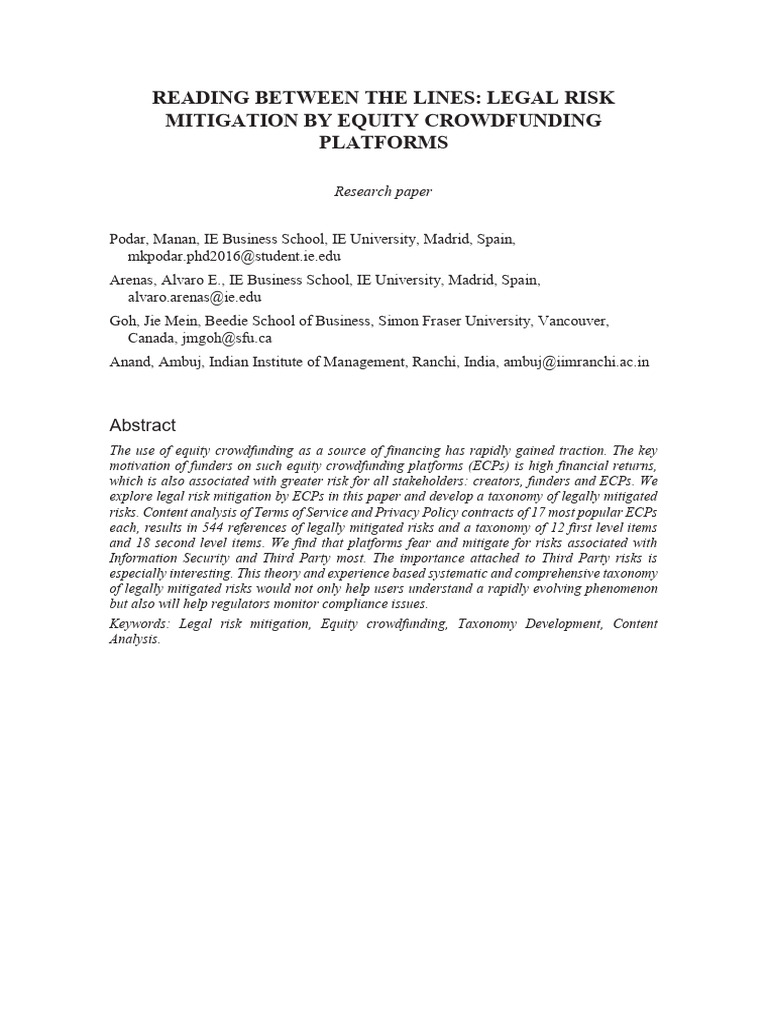 Legal Risk Mitigation in Equity Crowdfunding | PDF | Risk | Risk Management