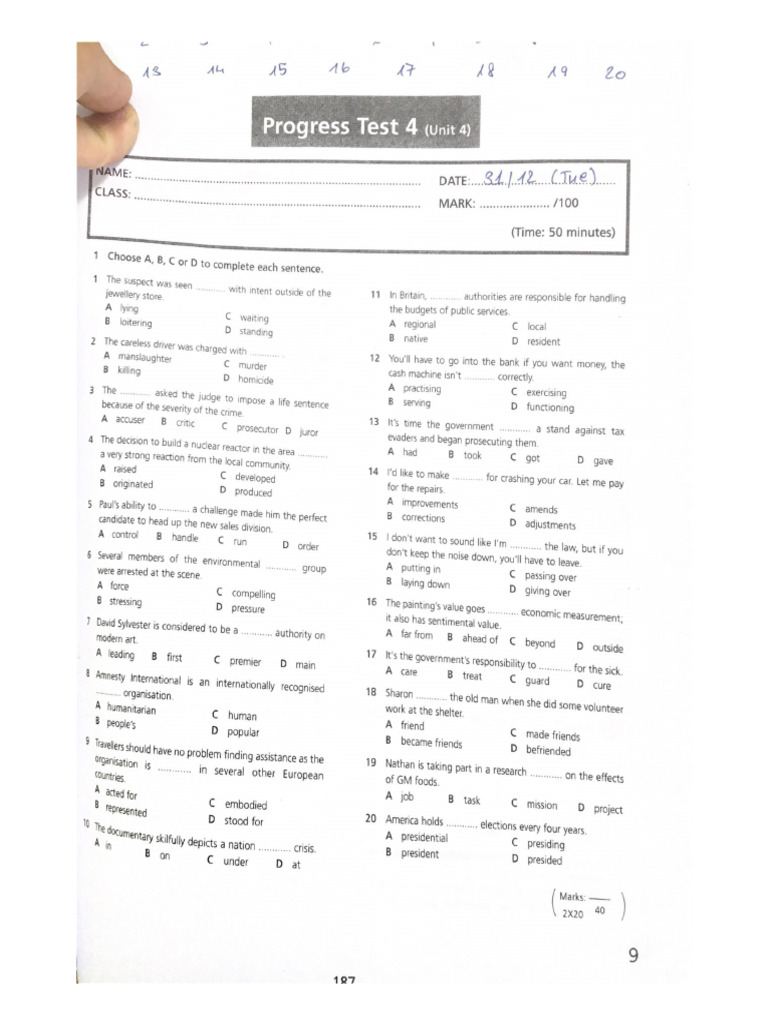 Progress Test 4 (Unit 4) | PDF