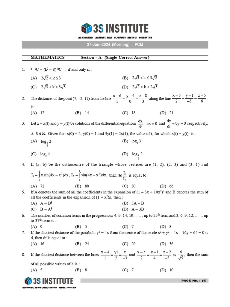 Jee Mains 27 Jan 2024 Shift 1 | PDF | Set (Mathematics) | Momentum