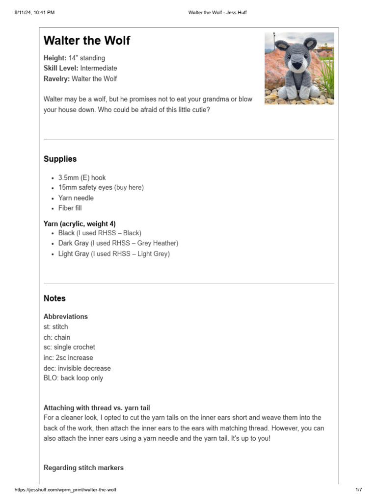 Walter the Wolf Crochet Pattern | PDF | Yarn | Surgical Suture