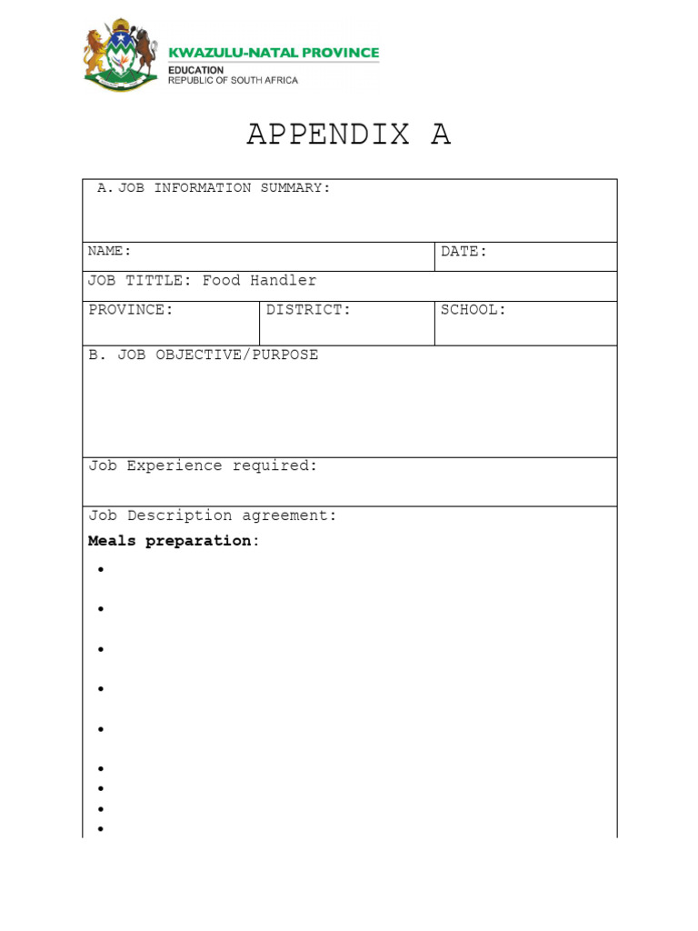 JOB INFORMATION SUMMAR_APPENDICE A | PDF | Meal