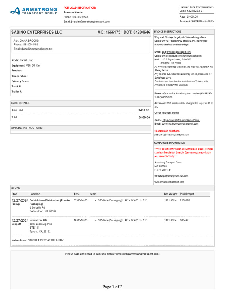 Carrier Rate Confirmation for Load 3248283-1 | PDF | Cargo | Freight ...
