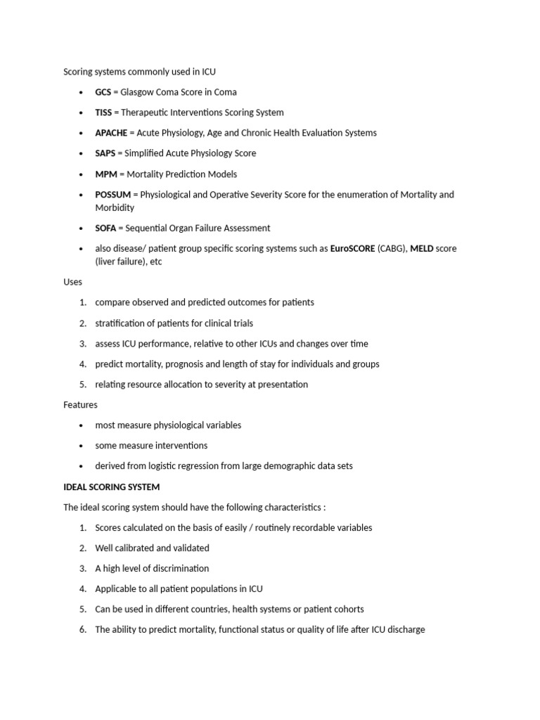 ICU Scoring Systems Overview | PDF | Intensive Care Unit | Prediction