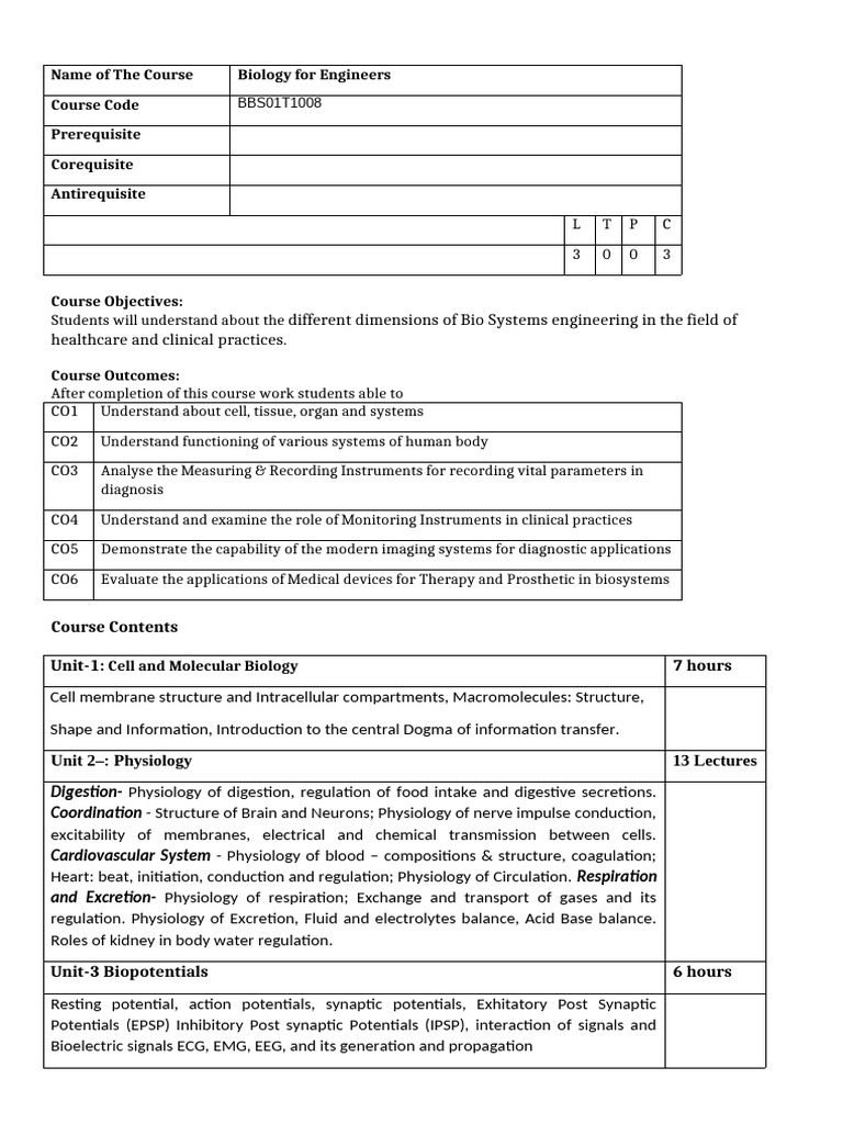 Biology for Engineers Course Overview | PDF | Inhibitory Postsynaptic ...