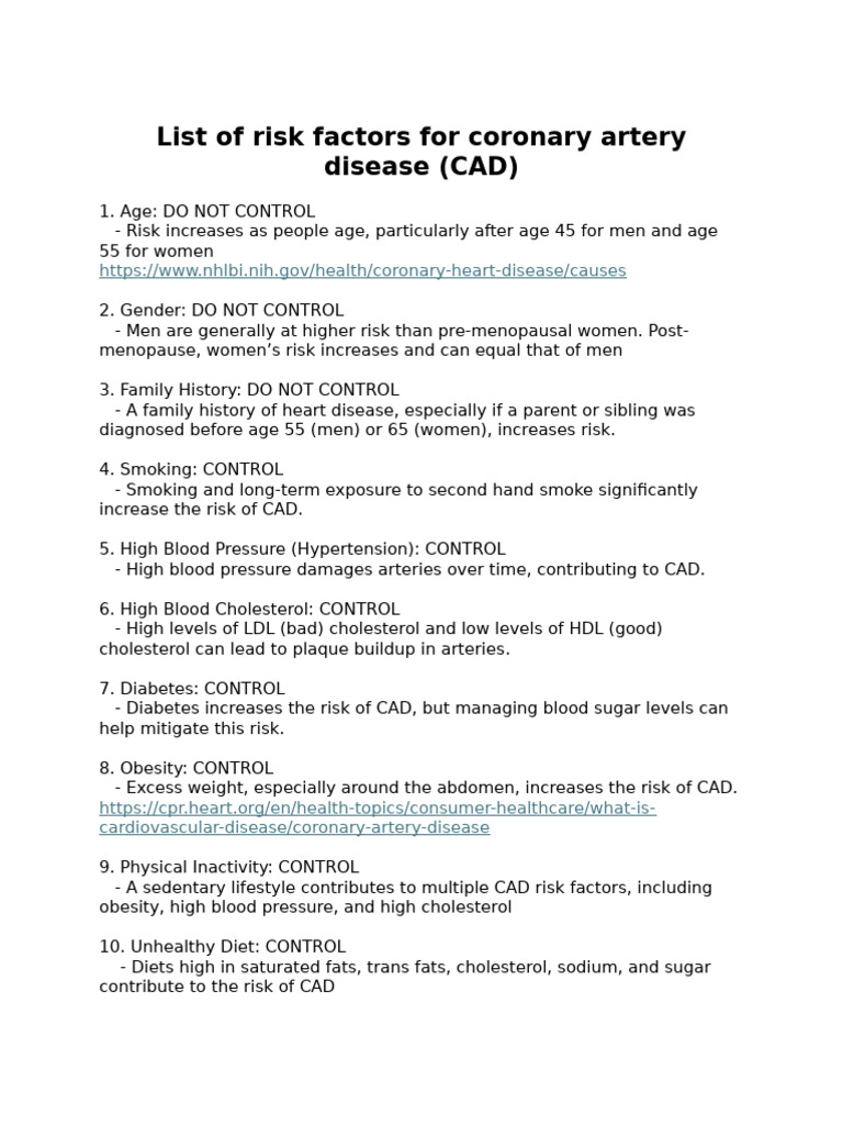 List of Risk Factors For Coronary Artery Disease | PDF | Cardiovascular ...