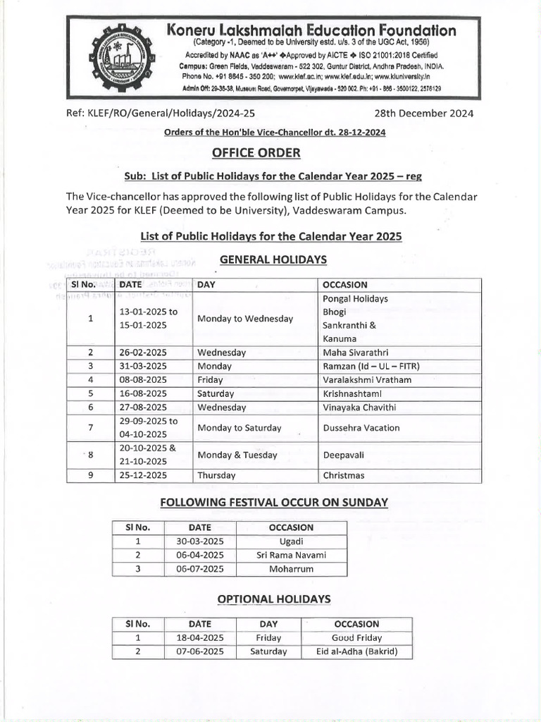2025 Holidays List | PDF