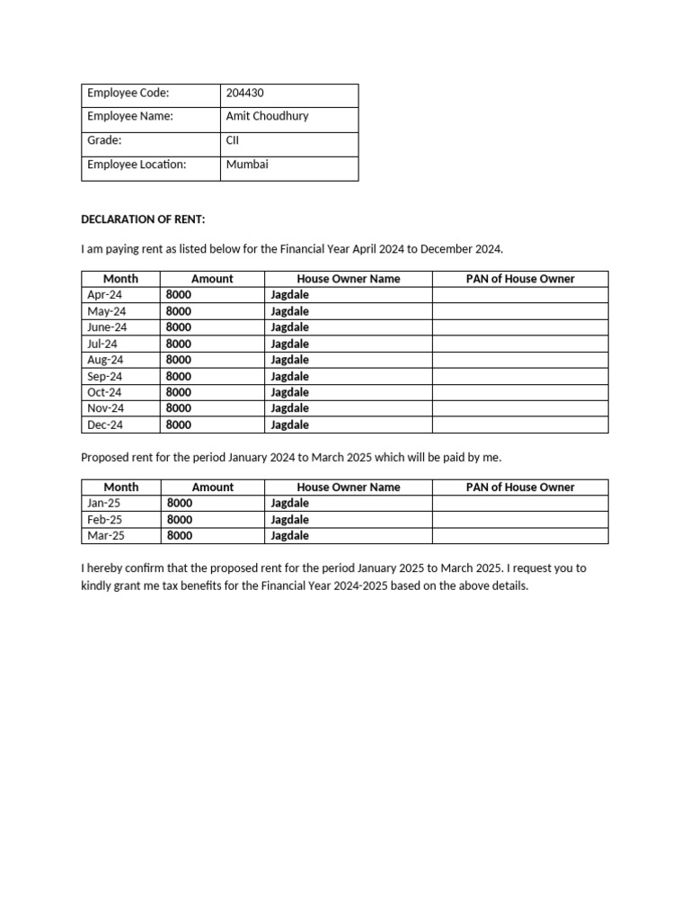 Employee Rent Declaration for Tax Benefits | PDF