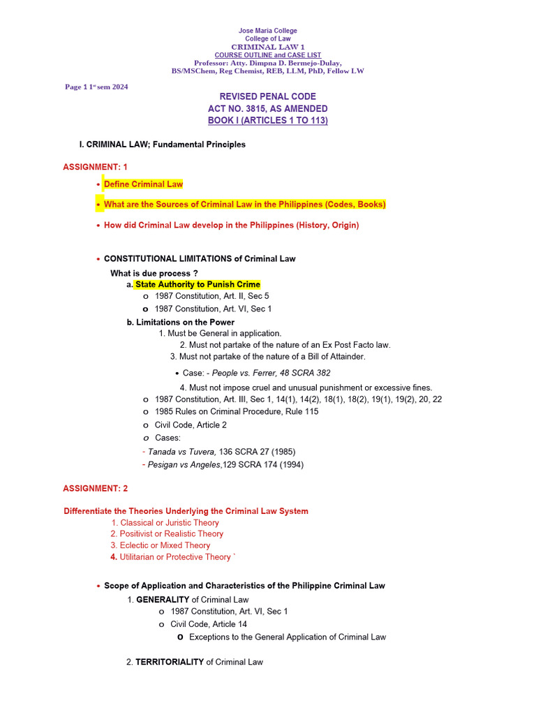 Criminal Law Course Outline Philippines | PDF | Fine (Penalty) | Pardon