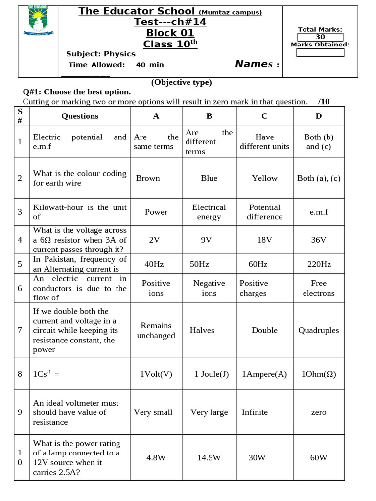 10th class physics test ch#14 - | PDF | Electrical Resistance And ...