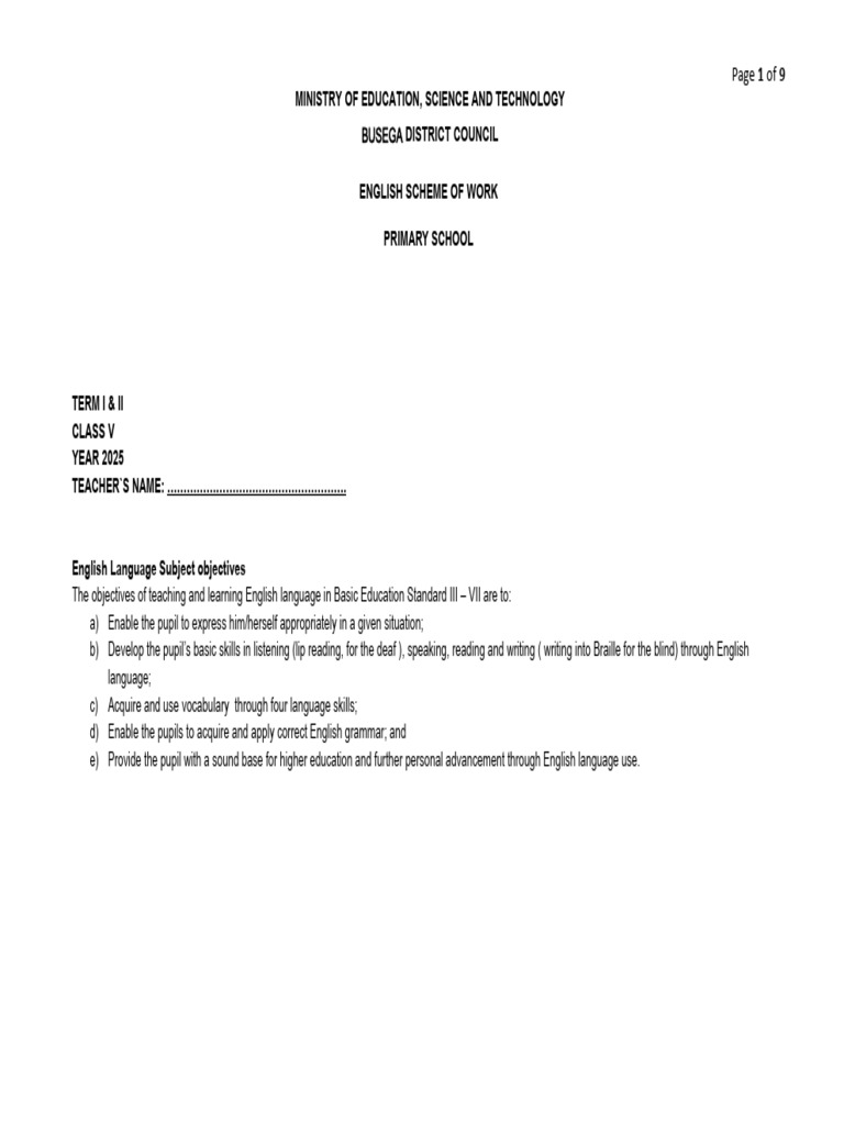 Std 5 English Scheme of Work 2025 | PDF | Reading Comprehension ...