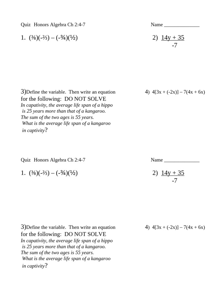 Honors Algebra Quiz Ch 2:4-7 | PDF