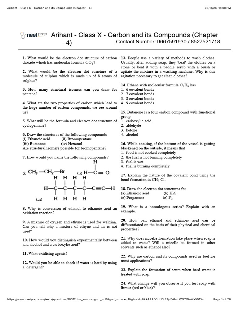 Arihant - Class X - Carbon and Its Compounds (Chapter - 4) | PDF ...
