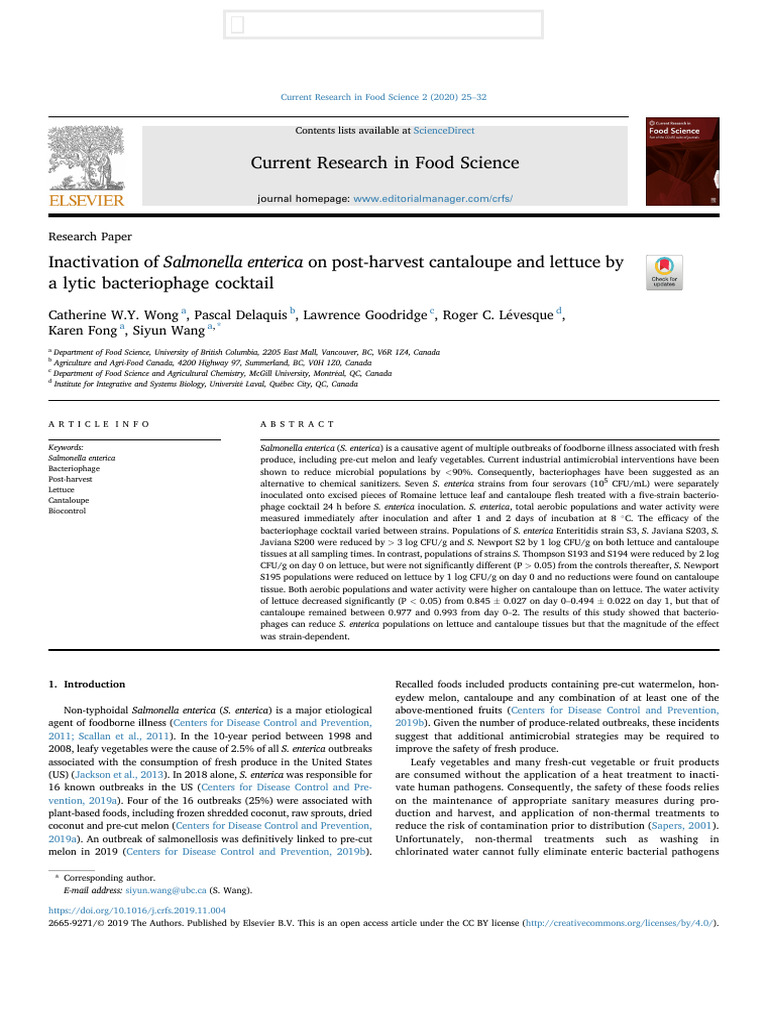 Inactivation of Salmonella Enterica On Post-Harvest Cantaloupe and ...