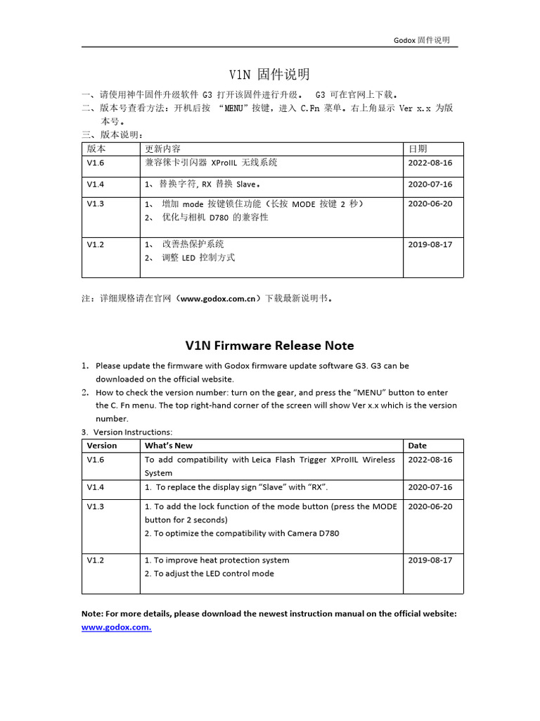 V1N Firmware Instructions V1.6 | PDF