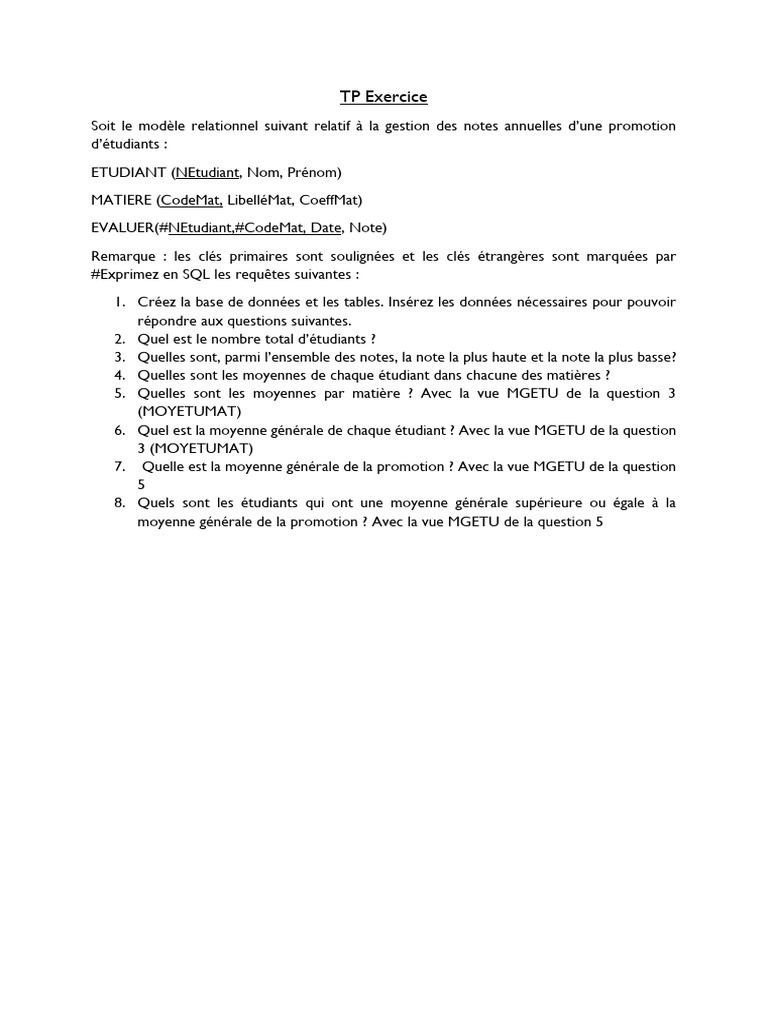 Gestion des notes d'étudiants en SQL | PDF