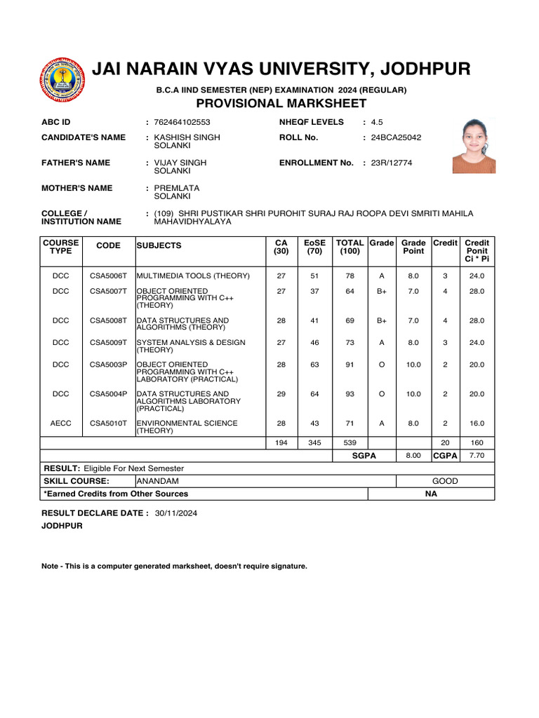 BCA 2nd Semester Provisional Marksheet | PDF
