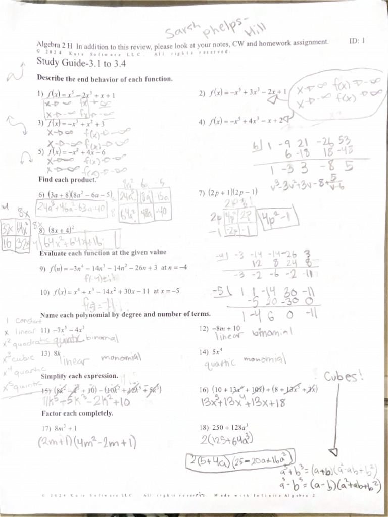 Algebra 2 HI in Addition To This Review, Please Look at Your Notes, CW ...