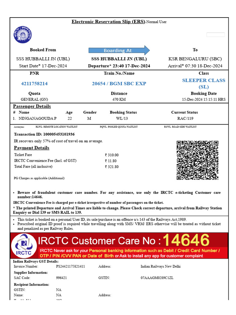 IRCTC E-Ticket Booking Details | PDF | Identity Document | Payments