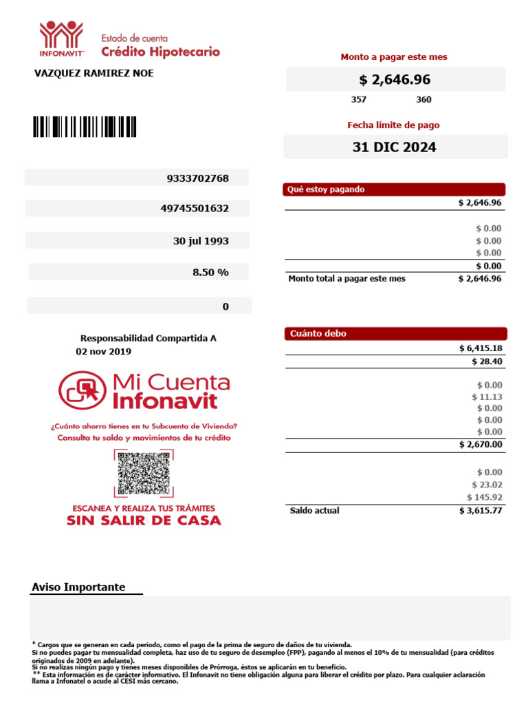 Estado de Cuenta Infonavit Noviembre 2024 | PDF | Crédito | Finanzas y ...