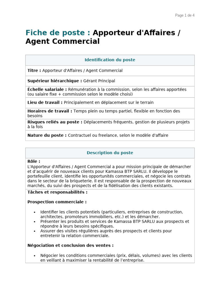 Fiche de Poste : Agent Commercial BTP | PDF | Business | Sodles