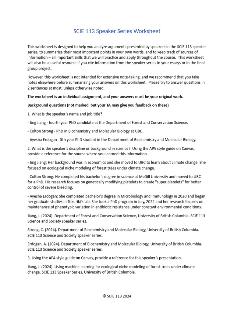 SCIE 113 Speaker Series Worksheet | PDF | Biology | Biochemistry