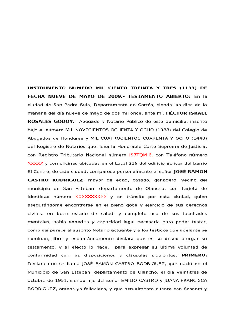 Testamento Abierto de José Ramón Castro | PDF | Voluntad y testamento ...
