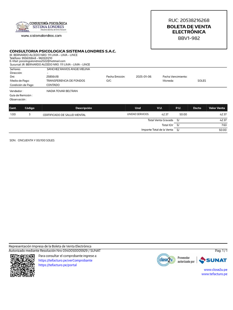 Boleta de Venta Electrónica - Certificado de Salud Mental | PDF