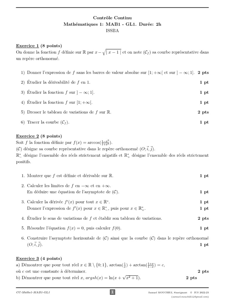 Contrôle Continu Mathématiques MAB1 GL1 | PDF | Fonction (Mathématiques ...