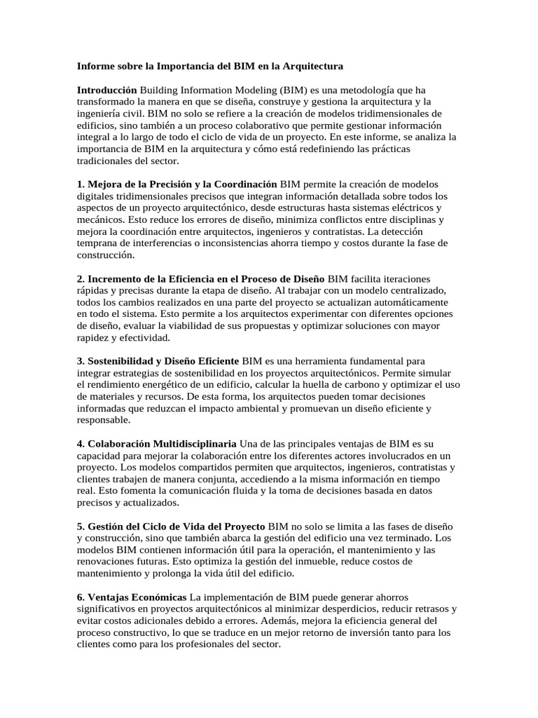 Informe sobre la Importancia del BIM en la Arquitectura | PDF ...