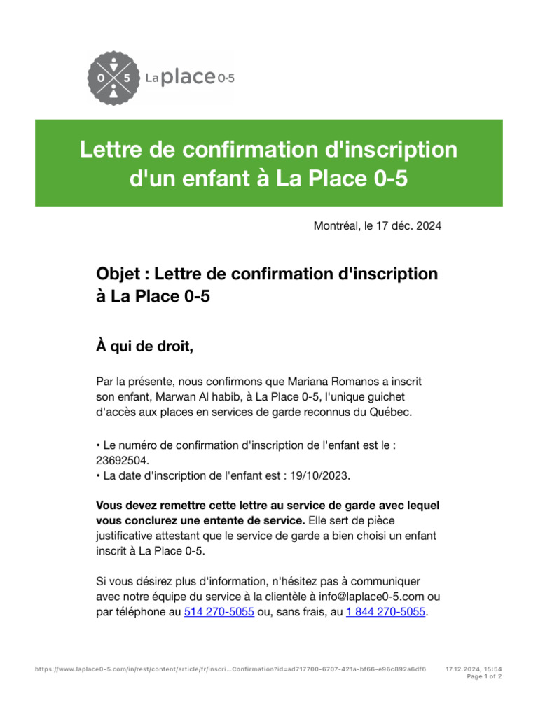 Confirmation d'inscription à La Place 0-5 | PDF