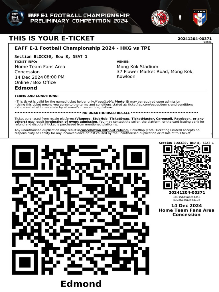 Section Block30 Row 8 Seat 1-Eaff E-1 Football Championship 2024-hkg Vs ...