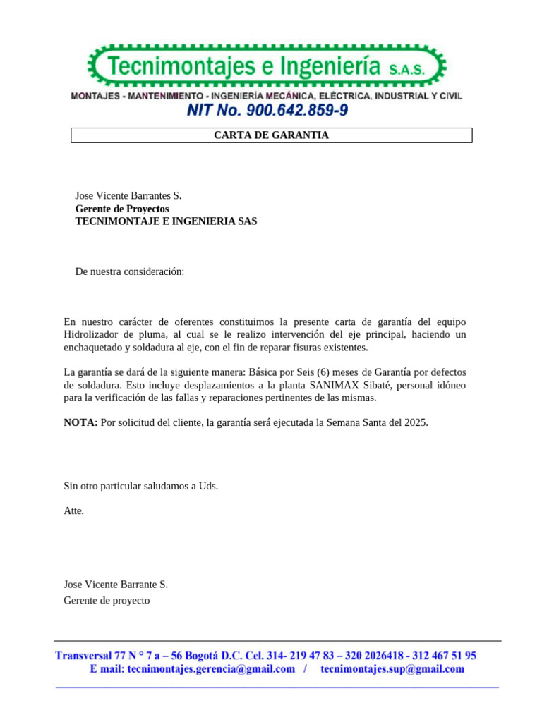 Carta de Garantía para Hidrolizador | PDF