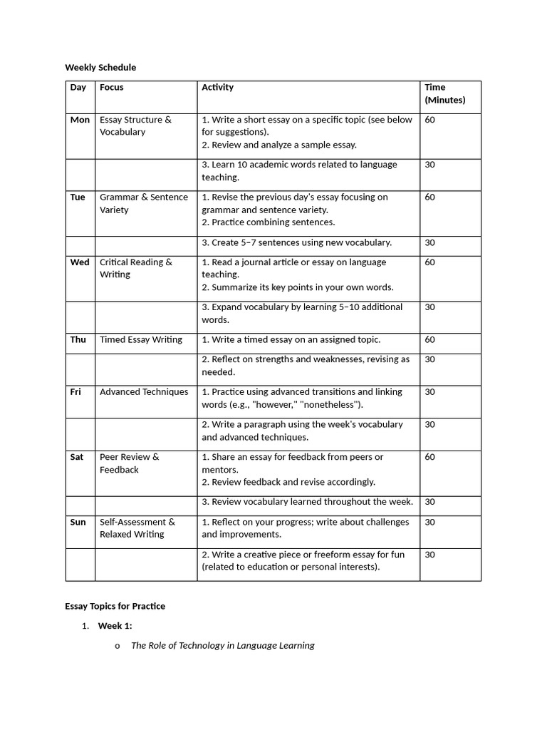 Weekly Schedule Pdf English As A Second Or Foreign Language