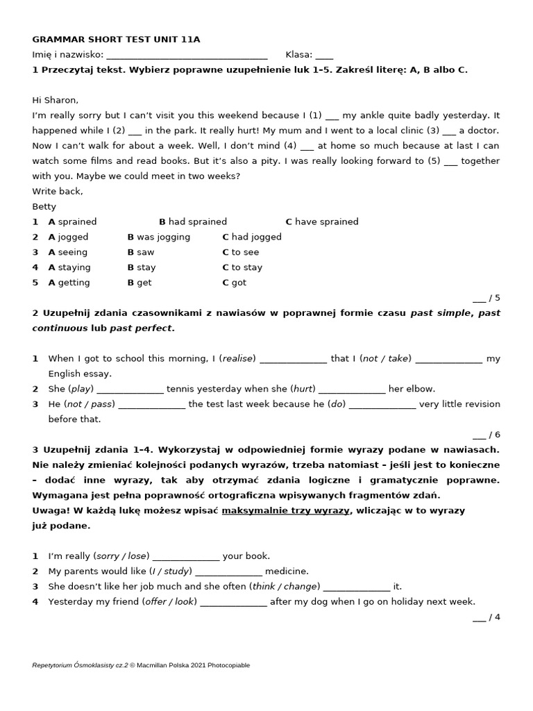 Unit 11 Short Test Grammar A B Pdf