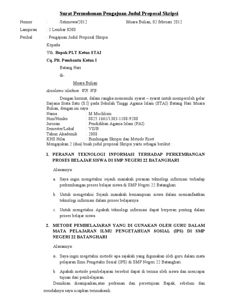 Surat An Pengajuan Judul Proposal Skripsi M Yusuf Helmi