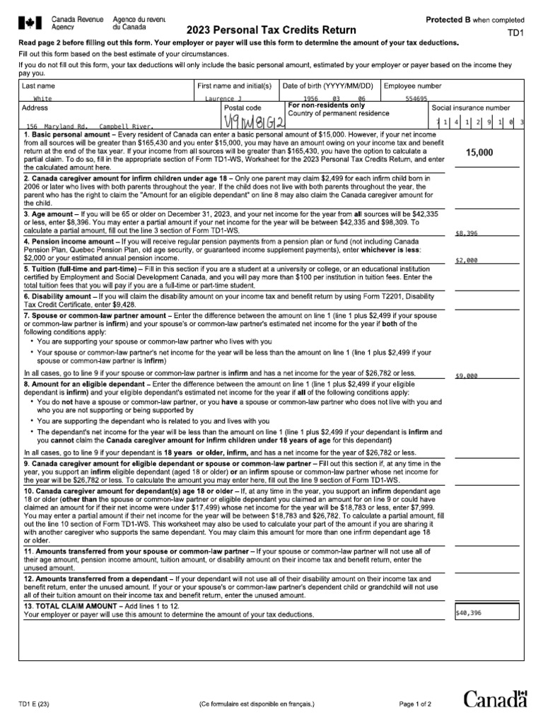 2023 CAD Personal Tax Credits Return | PDF
