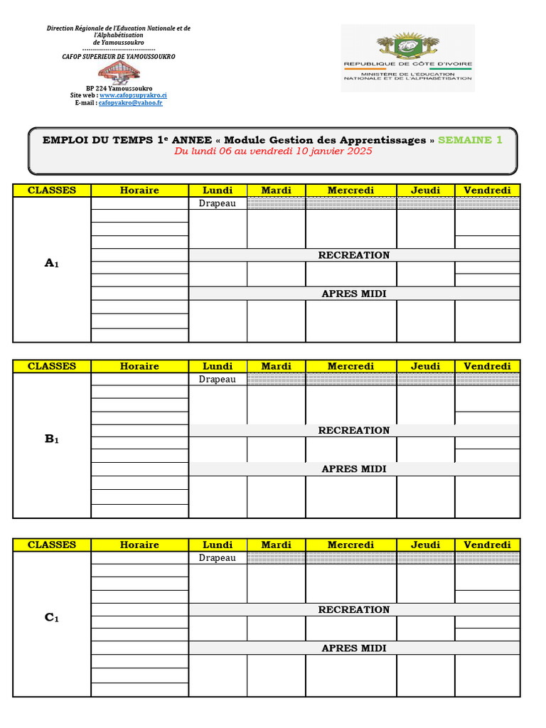 Emploi Du Temps Gestion Des Apprentissages 2025 Semaine 1 - 020407 | PDF