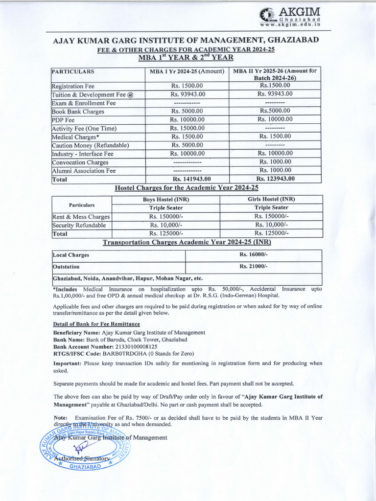 Fee Structure For MBA I & II Year Combined | PDF | Economies | Banking