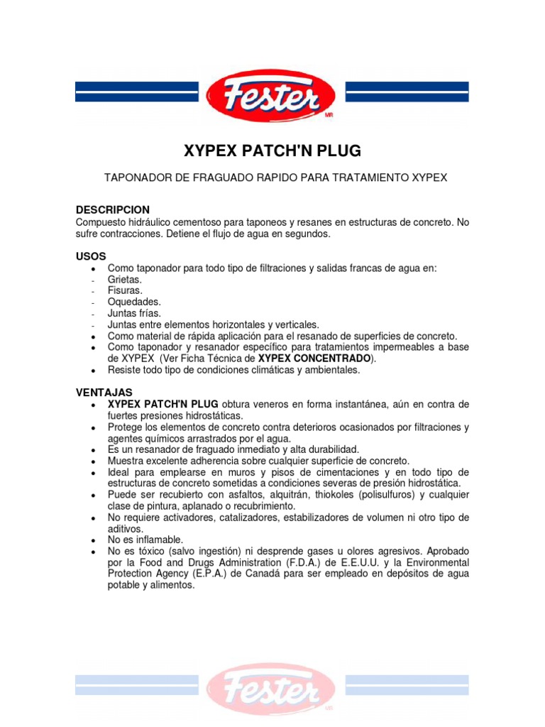 Ficha Xypex Patch'n Plug PDF Agua Hormigón
