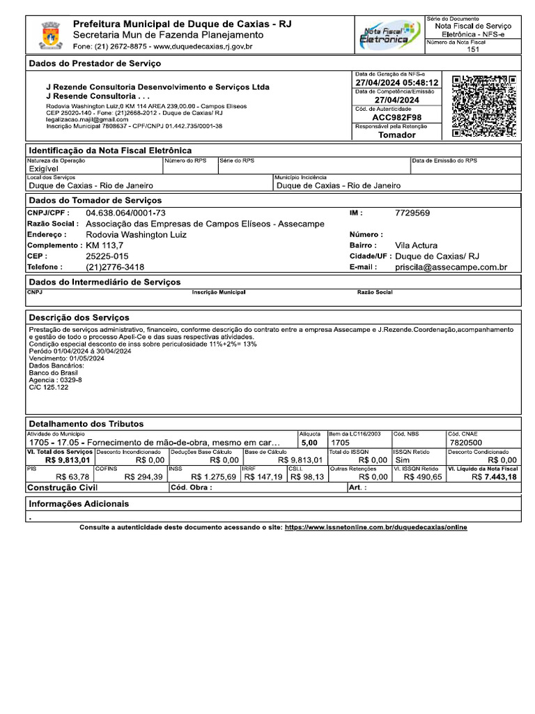 Nota Fiscal Prefeitura de Duque de Caxias - EMITIDA EM 27-04-2024 J ...