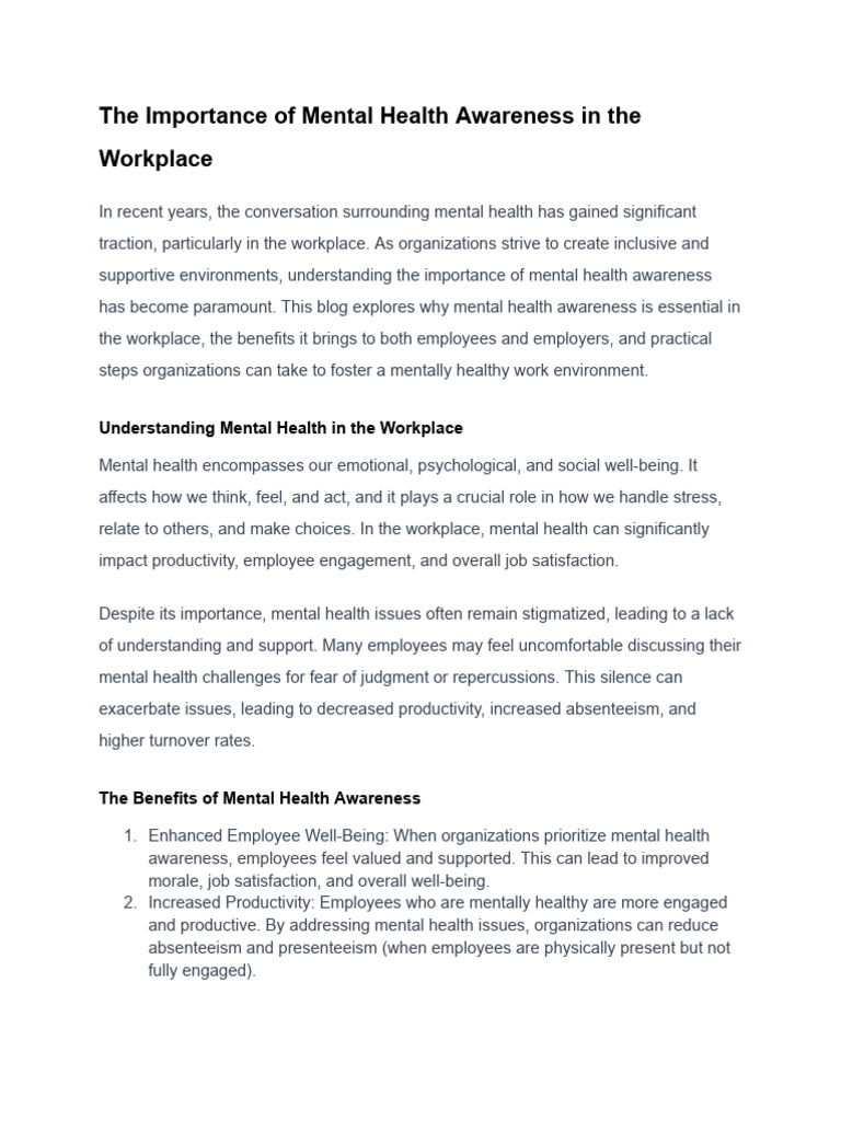 Mental Health Awarenesss | PDF | Mental Health | Employment