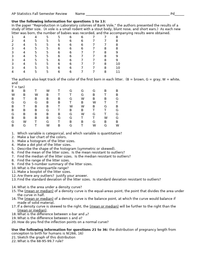 AP Statistics Fall Review Guide | PDF | Mean | Errors And Residuals