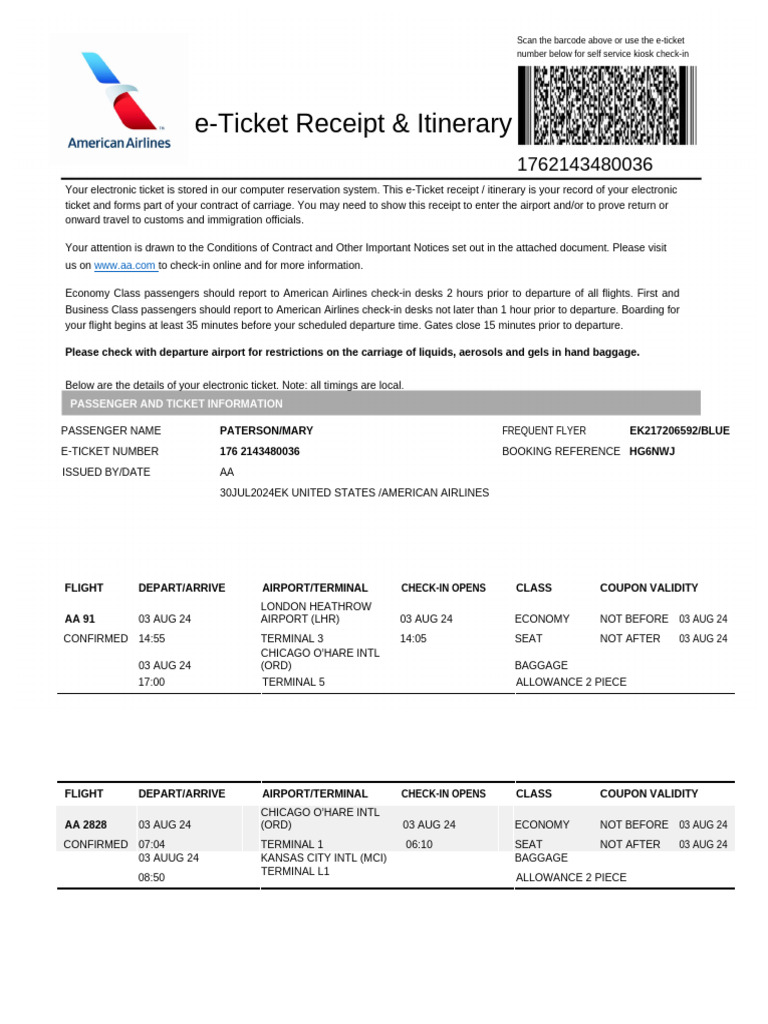 American Airlines e-Ticket Itinerary | PDF | Transport | Airlines