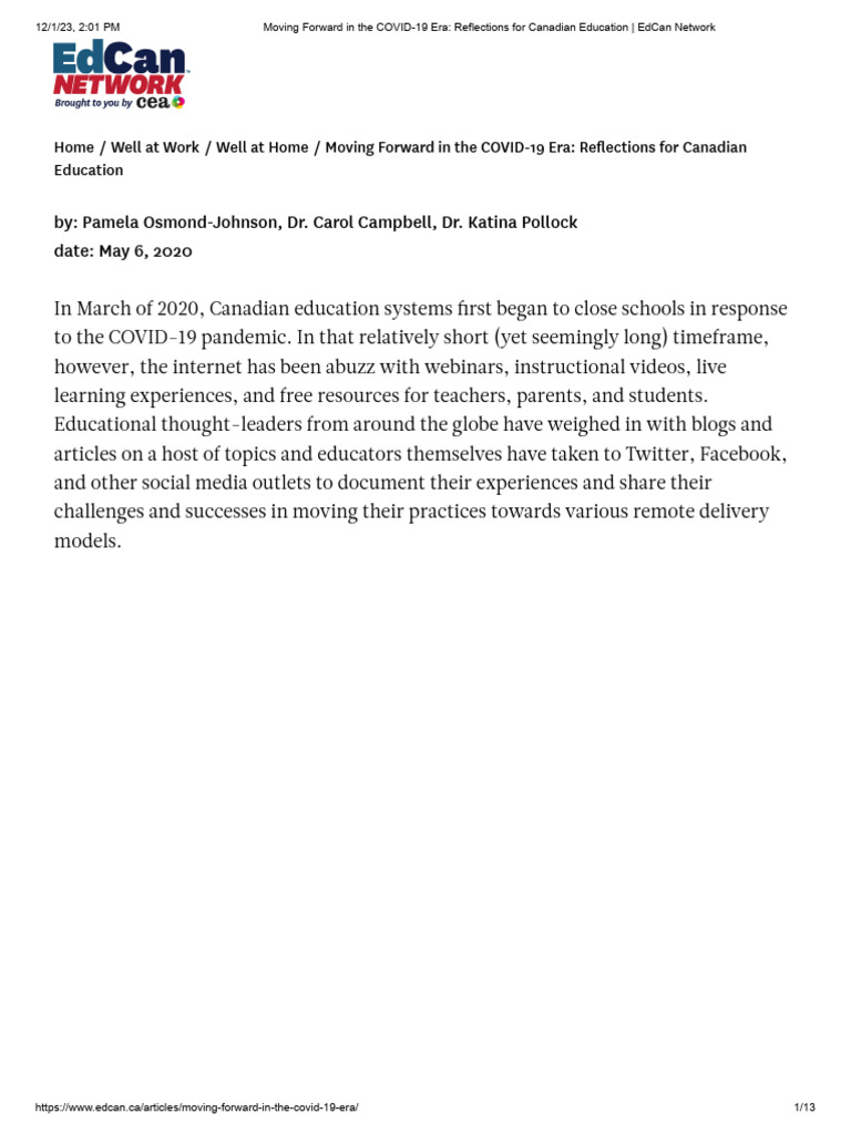 Moving Forward in The COVID-19 Era - Reflections For Canadian Education ...